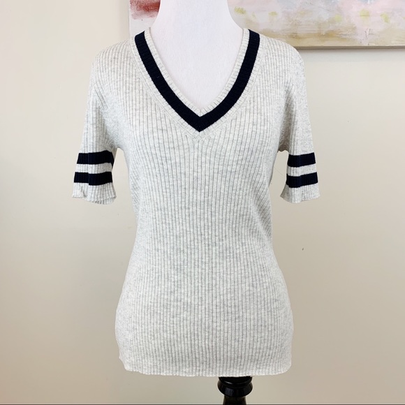 Frame Denim Sweaters - Frame Wool Blend Stripe Ribbed V-neck Sweater